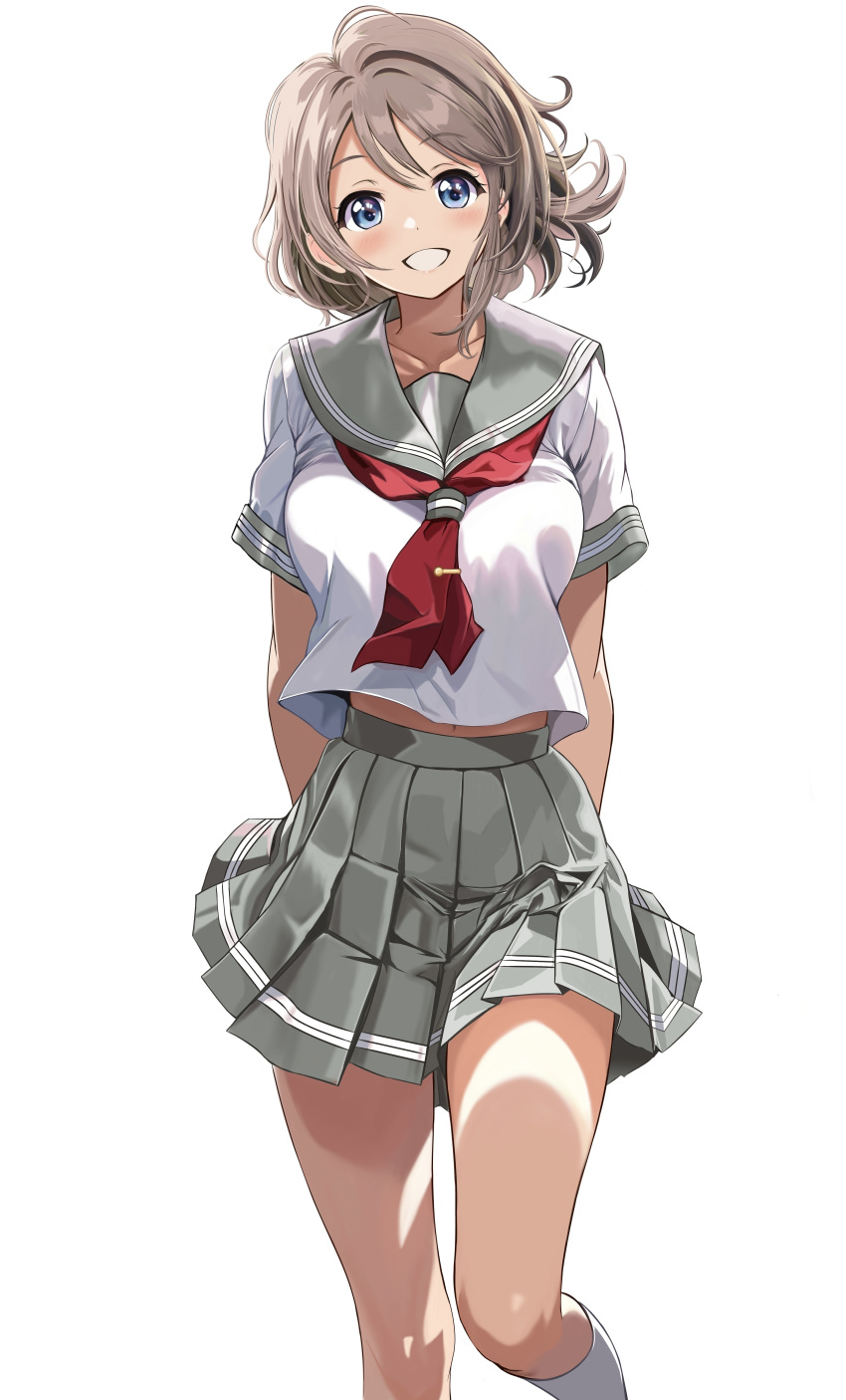 1girl absurdres arms_behind_back blue_eyes breasts feet_out_of_frame grey_hair grey_skirt grin highres love_live! love_live!_sunshine!! medium_breasts miniskirt neckerchief pleated_skirt red_neckerchief sailor_collar sailor_shirt school_uniform shirt short_hair short_sleeves simple_background skirt smile solo summer_uniform uranohoshi_school_uniform watanabe_you white_background white_shirt zaofeng