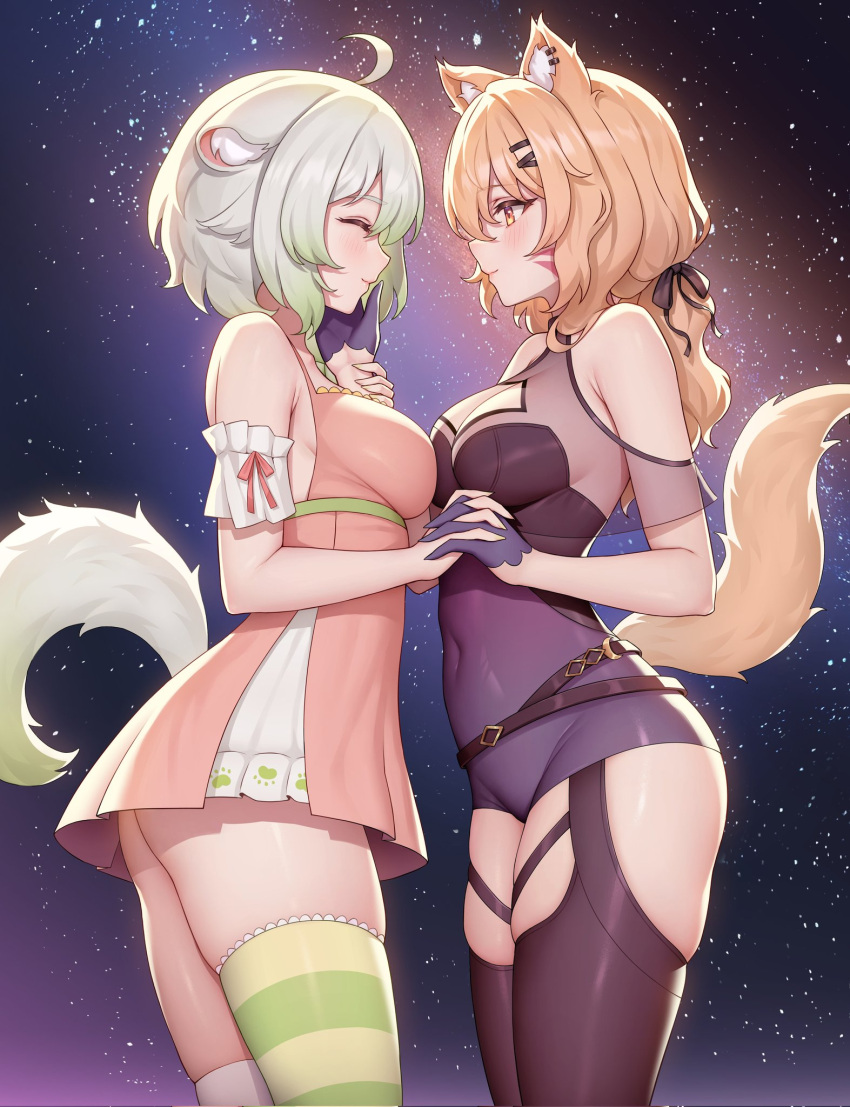 2girls ahoge animal_ear_fluff animal_ears blonde_hair blush breasts cat_ears cat_girl cat_tail cleavage facial_mark ferret_ears ferret_girl ferret_tail green_hair highres holding_hands indie_virtual_youtuber laimu_(vtuber) long_hair medium_breasts multiple_girls secon second-party_source shyrei_faolan smile tail thighhighs virtual_youtuber vyugen whisker_markings yuri