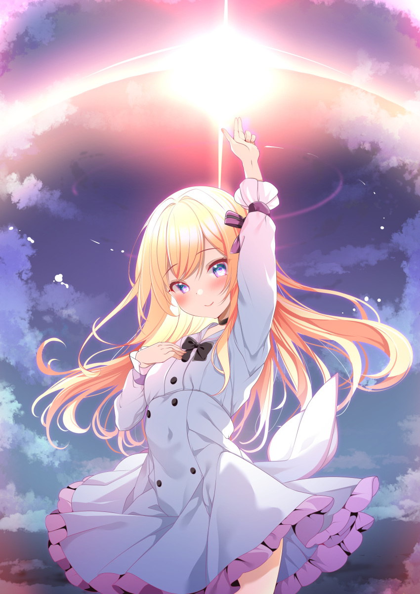 1girl absurdres arms_up black_ribbon blonde_hair blue_eyes blush breasts cloud cloudy_sky covered_navel cowboy_shot dress frilled_dress frills hair_ornament highres long_hair long_sleeves looking_at_viewer origami_aya original ribbon sky small_breasts smile solo white_dress