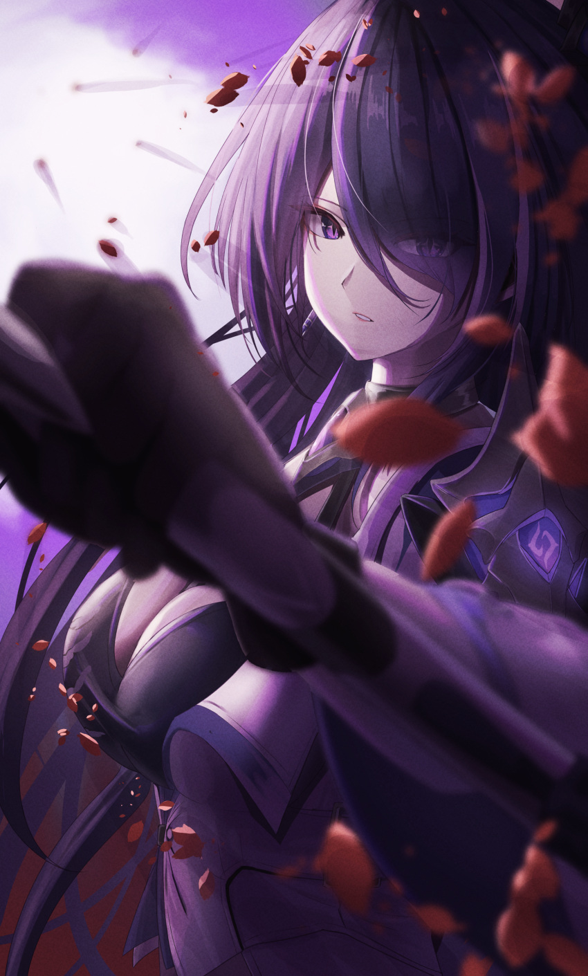 1girl absurdres acheron_(honkai:_star_rail) armor black_choker black_gloves breasts choker cleavage coat eyes_visible_through_hair falling_petals gloves hair_over_one_eye highres holding holding_sword holding_weapon honkai:_star_rail honkai_(series) hotmilk_ina_mug large_breasts long_hair looking_at_viewer parted_lips petals purple_eyes purple_hair shoulder_armor single_glove solo sword upper_body weapon white_coat