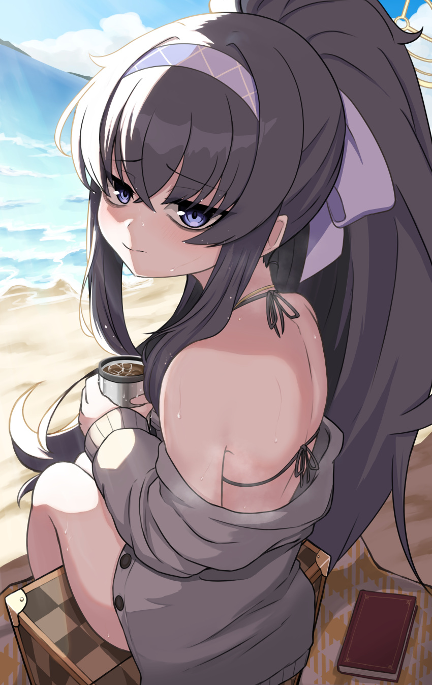 1girl absurdres bags_under_eyes beach bikini black_bikini black_hair blue_archive blue_eyes blue_sky book cardigan cloud cup grey_cardigan halo headband highres holding holding_cup looking_at_viewer official_alternate_costume puroteinaa purple_headband sand sky solo swimsuit ui_(blue_archive) ui_(swimsuit)_(blue_archive) water yellow_halo