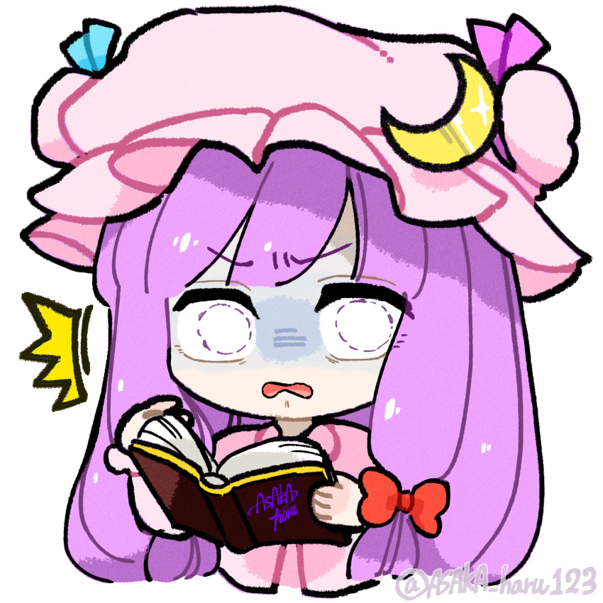 1girl ^^^ artist_name asaka_haru123 book bow chibi commentary_request crescent crescent_hat_ornament cropped_torso hair_bow hat hat_ornament highres holding holding_book long_hair long_sleeves looking_at_viewer mob_cap open_book open_mouth patchouli_knowledge pink_hat purple_hair red_bow scared signature simple_background solo surprised touhou twitter_username watermark wavy_mouth white_background