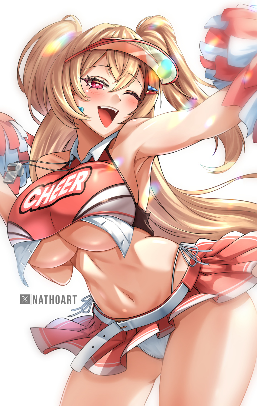 1girl :d absurdres blonde_hair blush breasts cheerleader clay_(nikke) crop_top goddess_of_victory:_nikke hair_intakes hair_ornament hairclip highres large_breasts long_hair nathosf navel one_eye_closed open_mouth panties pink_eyes red_shirt red_skirt shirt skirt smile solo twintails two-tone_shirt two-tone_skirt underboob underwear visor_cap whistle whistle_around_neck white_panties white_shirt white_skirt