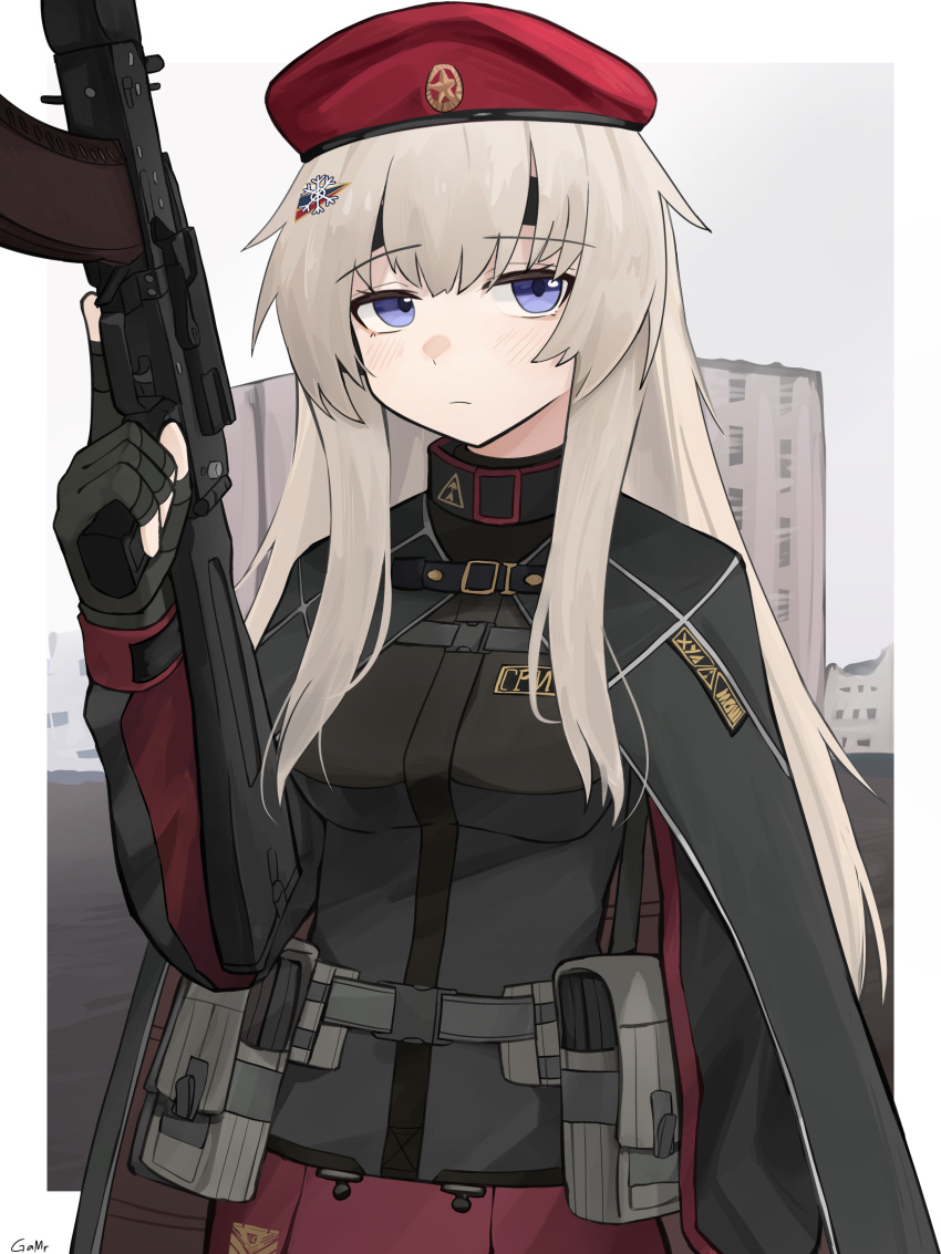 1girl absurdres ak-74m ak74m_(girls'_frontline) assault_rifle beret breasts building camouflage_cloak camouflage_gloves ear_protection gamryous girls'_frontline gun hair_ornament hat highres holding holding_gun holding_weapon kalashnikov_rifle light_brown_hair long_hair looking_afar medium_breasts original purple_eyes red_star rifle russia russian_flag simple_background snowflake_hair_ornament solo star_(symbol) tactical_clothes weapon