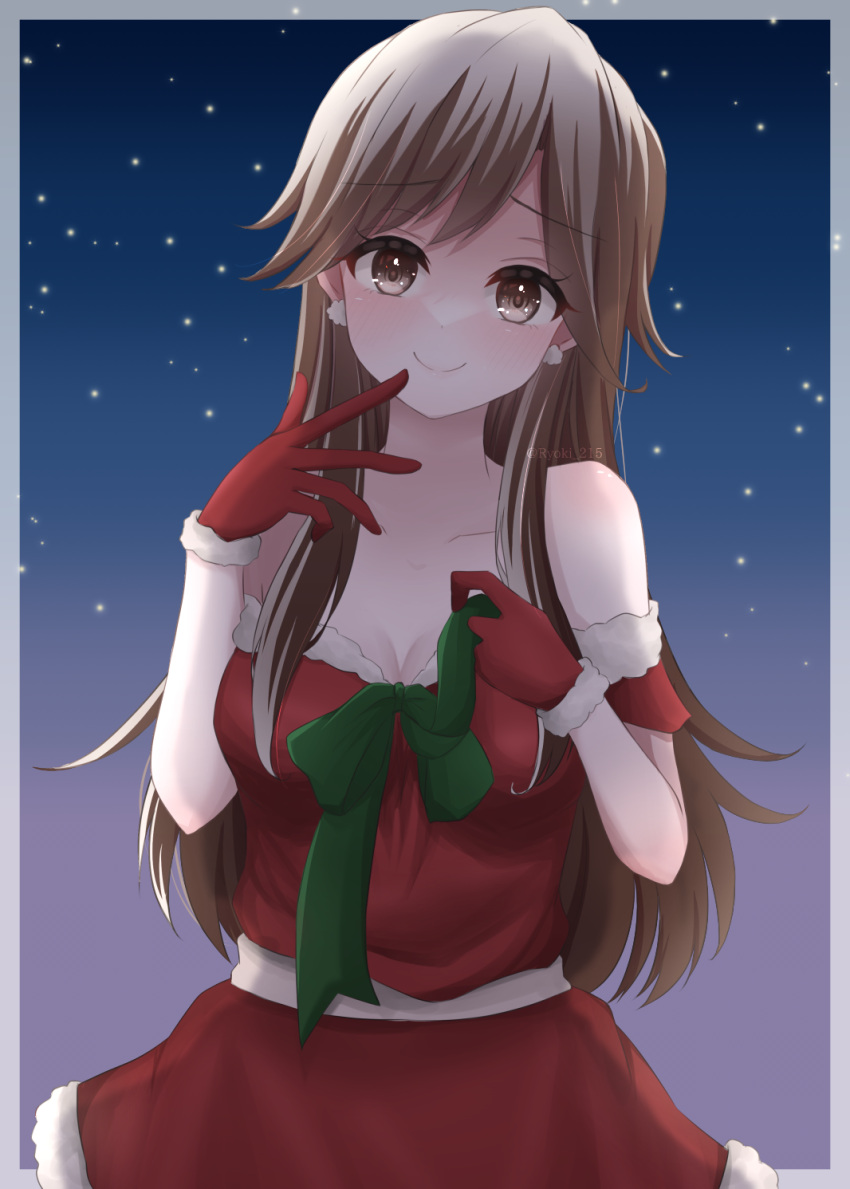 1girl arashio_(kancolle) bare_shoulders brown_eyes brown_hair dress fur-trimmed_dress fur-trimmed_gloves fur_trim gloves highres kantai_collection long_hair looking_at_viewer red_dress red_gloves ryouki_(34388923) santa_dress sleeveless sleeveless_dress solo upper_body