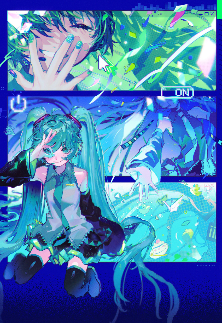 1girl absurdres aqua_eyes aqua_hair aqua_nails aqua_necktie bare_shoulders black_footwear black_skirt black_sleeves boots closed_eyes closed_mouth commentary cursor detached_sleeves english_commentary facing_viewer green_nails grin hatsune_miku highres long_hair long_sleeves looking_at_viewer mawarusanso miniskirt multicolored_nails multiple_views nail_art nail_polish necktie ok_sign ok_sign_over_eye pleated_skirt purple_nails shirt skirt sleeveless sleeveless_shirt smile teeth thigh_boots thighhighs twintails very_long_hair vocaloid white_shirt window_(computing)