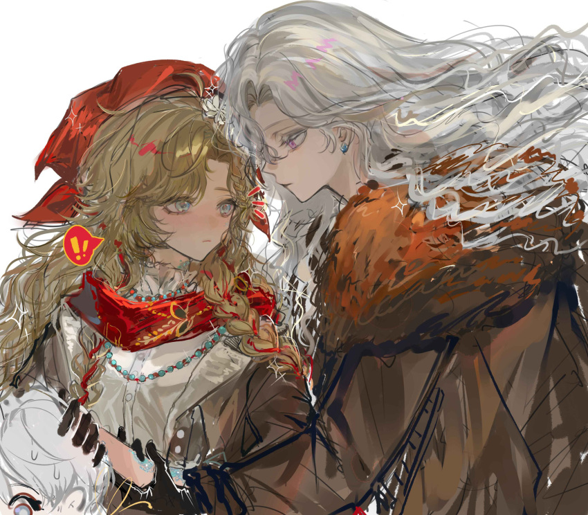 2girls blonde_hair blue_eyes braid closed_mouth coat flirting fur-trimmed_coat fur_trim gloves head_scarf highres jacket long_hair multiple_girls reverse:1999 vila_(reverse:1999) white_background white_hair windsong_(reverse:1999) yuri