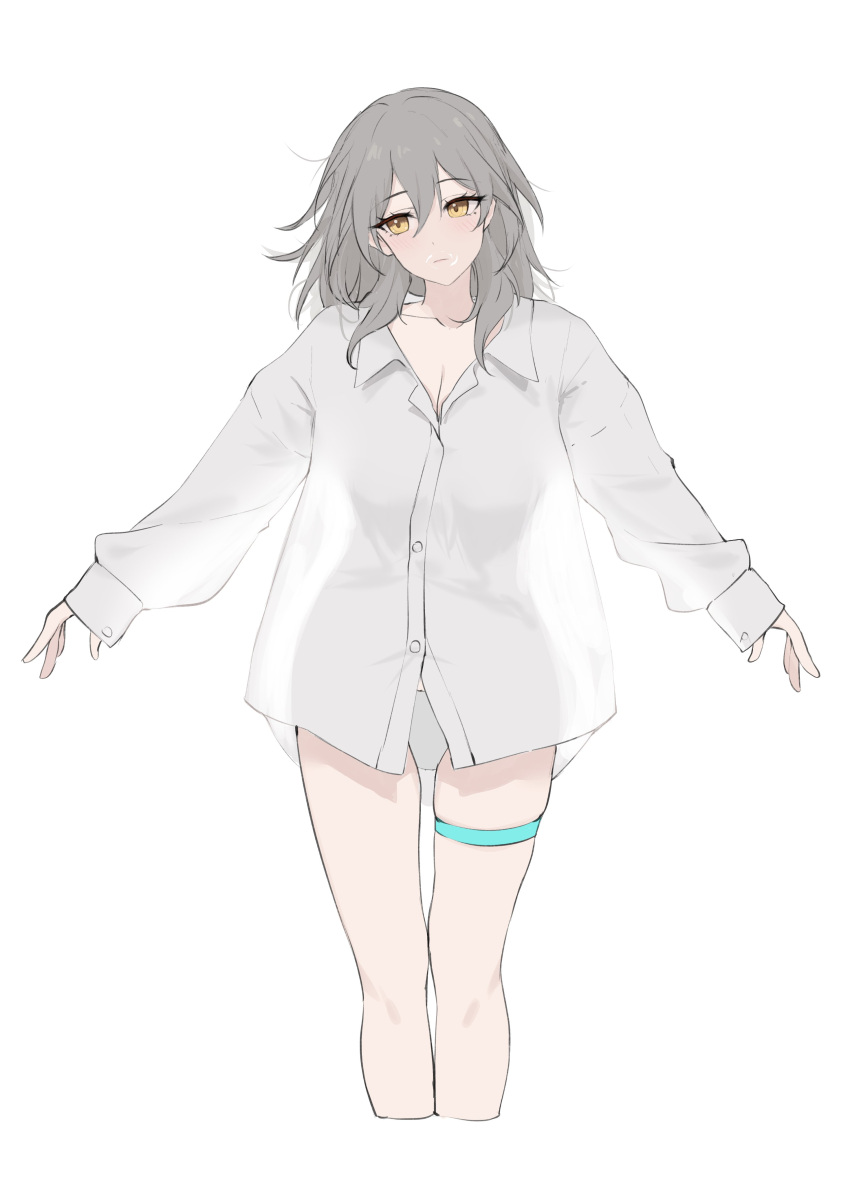 1girl absurdres commentary cropped_legs feint721 grey_hair highres honkai:_star_rail honkai_(series) long_sleeves no_pants panties see-through_silhouette shirt simple_background solo standing stelle_(honkai:_star_rail) thigh_strap trailblazer_(honkai:_star_rail) underwear white_background white_panties white_shirt yellow_eyes