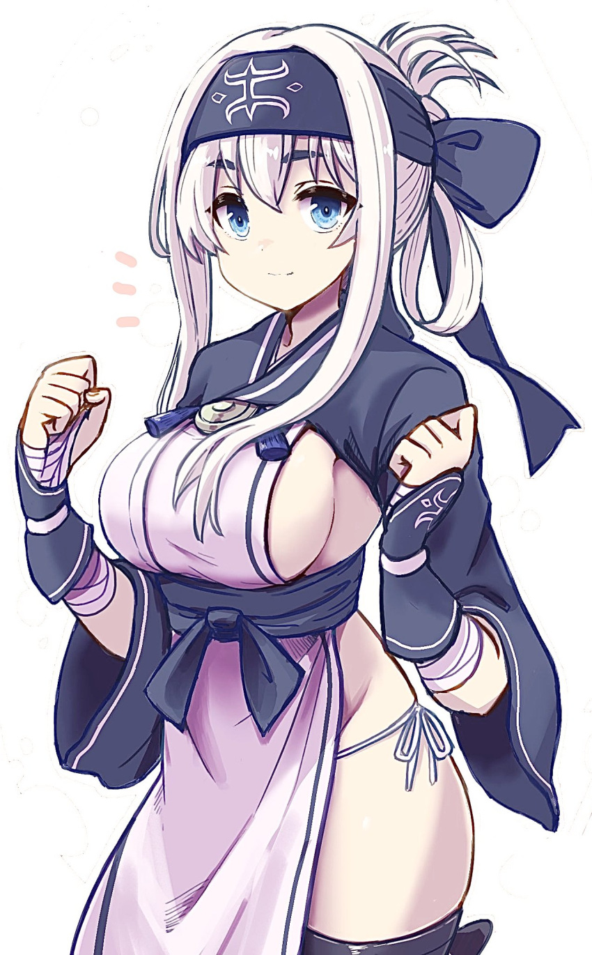 1girl ainu_clothes arm_wrap black_thighhighs blue_eyes blue_headband breasts cowboy_shot cropped_jacket folded_ponytail headband highres kamoi_(kancolle) kantai_collection long_hair looking_at_viewer medium_breasts notice_lines panties pelvic_curtain side-tie_panties sideboob sidelocks simple_background solo thick_eyebrows thighhighs unagiman underwear w_arms white_background white_hair wrist_guards