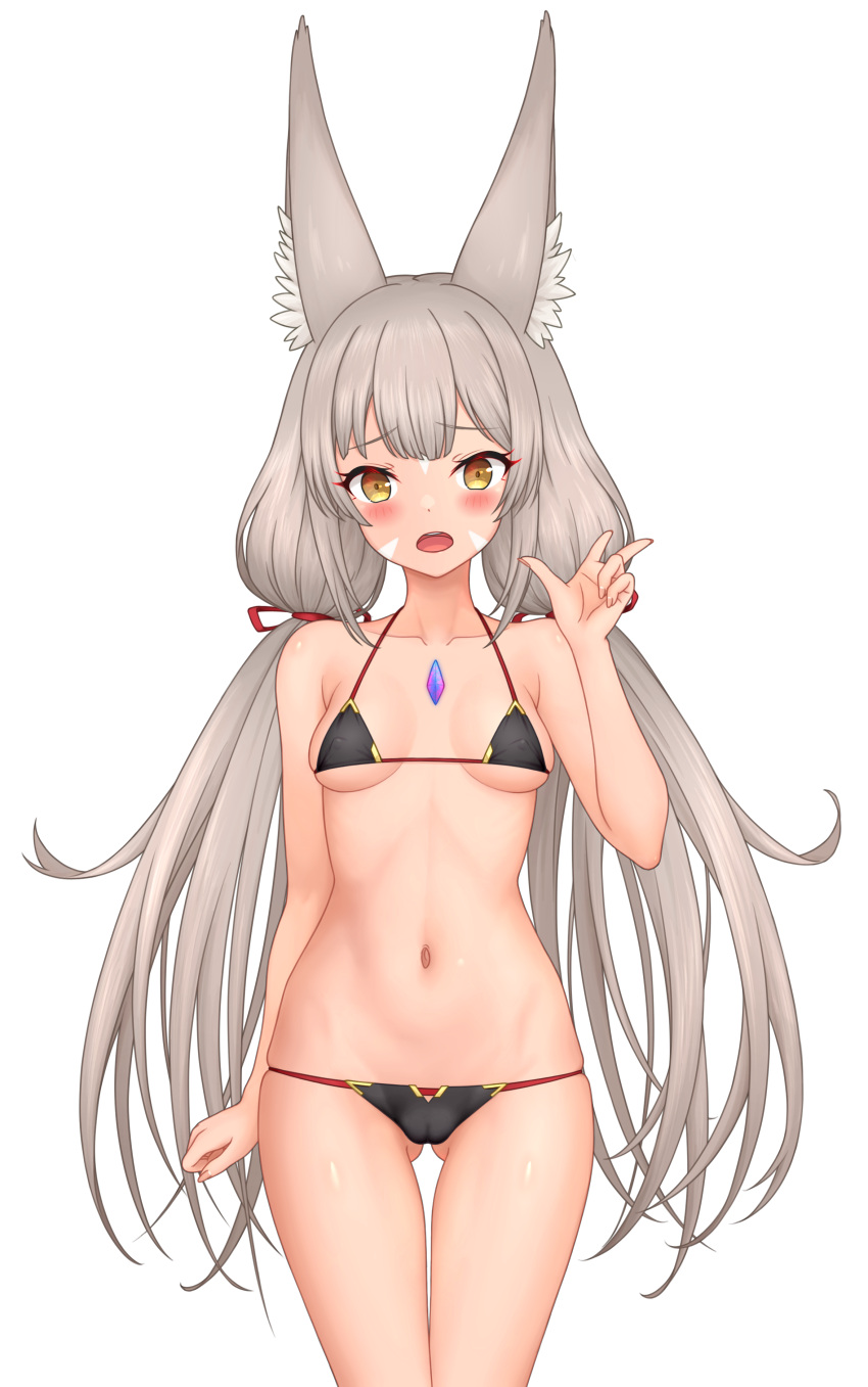 1girl :d absurdres animal_ears ass_visible_through_thighs bikini black_bikini blush breasts brown_hair cameltoe cat_ears cat_girl core_crystal_(xenoblade) feichu_keju fingernails highres long_hair looking_at_viewer navel nia_(blade)_(xenoblade) nia_(xenoblade) open_mouth simple_background small_breasts smile solo stomach swimsuit twintails very_long_hair w white_background xenoblade_chronicles_(series) xenoblade_chronicles_2 yellow_eyes