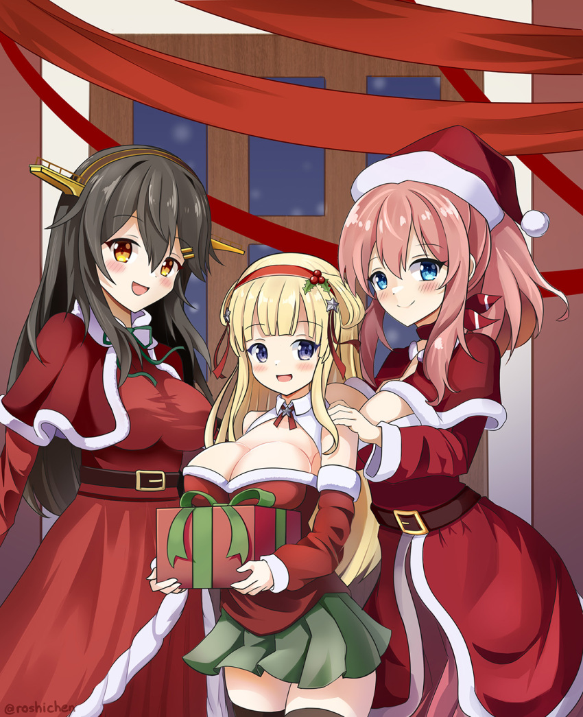 3girls alternate_costume black_hair black_thighhighs blonde_hair box breasts brown_eyes brown_hair capelet christmas cleavage commission cowboy_shot double_bun dress english_commentary fletcher_(kancolle) fur-trimmed_capelet fur-trimmed_dress fur-trimmed_headwear fur_trim gift gift_box grey_eyes grey_skirt hair_bun hairband haruna_(kancolle) hat headgear highres kantai_collection large_breasts long_hair looking_at_viewer mixed-language_commentary multiple_girls pleated_skirt ponytail purple_eyes red_capelet red_dress red_hairband red_hat red_ribbon ribbon roshi_chen santa_hat saratoga_(kancolle) skirt smile thighhighs window