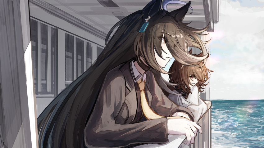 2girls agnes_tachyon_(umamusume) ahoge animal_ears black_choker black_hair black_jacket black_shirt brown_hair choker collared_shirt earrings from_side highres horse_ears horse_girl jacket jewelry lab_coat long_hair long_sleeves looking_ahead looking_at_another manhattan_cafe_(umamusume) multiple_girls necktie ship ship_interior shirt siena_(moratoriummaga) single_earring sleeves_past_fingers sleeves_past_wrists umamusume watercraft yellow_eyes yellow_necktie