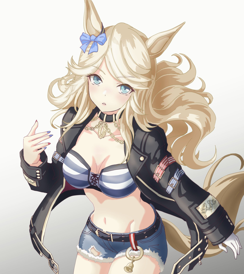 1girl animal_ears bandeau black_jacket blonde_hair blue_bow bow denim denim_shorts ear_bow gold_city_(umamusume) highres horse_ears horse_girl horse_tail jacket long_sleeves looking_at_viewer masasim midriff navel open_clothes open_jacket shorts solo strapless striped_bandeau swept_bangs tail tube_top umamusume