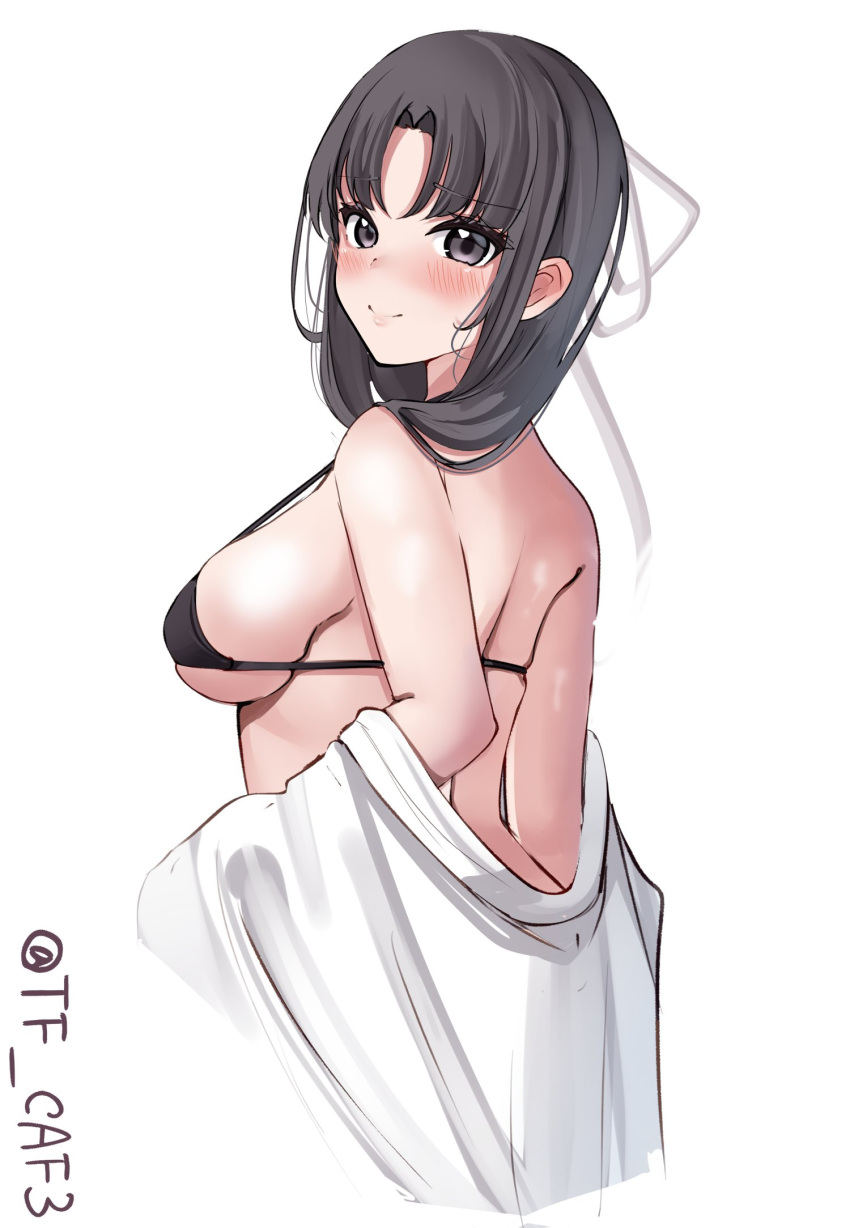 1girl alternate_costume bare_shoulders bikini black_bikini blush breasts commentary_request grey_eyes highres hiyou_(kancolle) kantai_collection long_hair medium_breasts one-hour_drawing_challenge parted_lips ribbon simple_background solo swimsuit tf_cafe twitter_username upper_body white_background