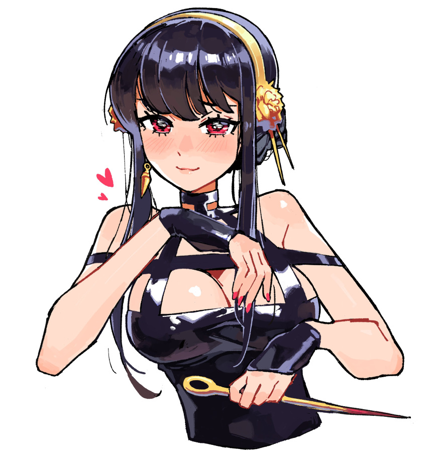 1girl absurdres bare_shoulders black_dress black_hair breasts cropped_torso dagger dress earrings gold_earrings hairband highres holding jewelry kaatokun knife large_breasts long_hair looking_at_viewer red_eyes sidelocks solo spy_x_family stiletto_(weapon) upper_body weapon yor_briar