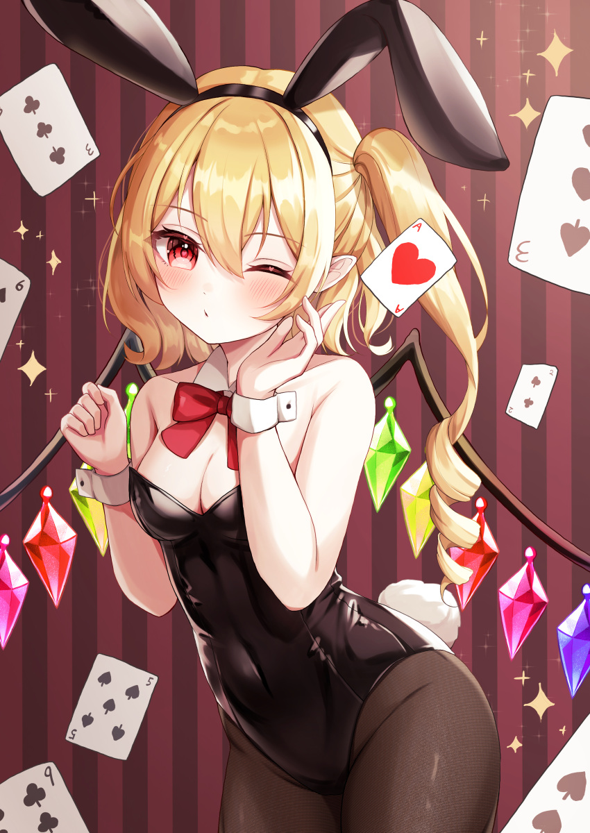 1girl absurdres ace_(playing_card) ace_of_hearts alternate_costume animal_ears black_leotard black_pantyhose blonde_hair blush bow bowtie breasts card cleavage club_(shape) commentary_request covered_navel crystal detached_collar fake_animal_ears fake_tail flandre_scarlet heart highres leotard looking_at_viewer multicolored_wings naarsann one_eye_closed one_side_up pantyhose playboy_bunny playing_card pointy_ears rabbit_ears rabbit_tail red_bow red_bowtie red_eyes side_ponytail solo spade_(shape) sparkle strapless strapless_leotard tail touhou wings wrist_cuffs