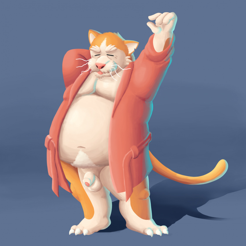 1:1 anthro balls bathrobe belly clothed clothing digital_media_(artwork) domestic_cat felid feline felis flaccid foreskin genitals hi_res humanoid_genitalia male mammal mature_male moobs navel nipples open_clothing orange_body overweight overweight_anthro overweight_male penis robe sibluself simple_background solo stretching tail