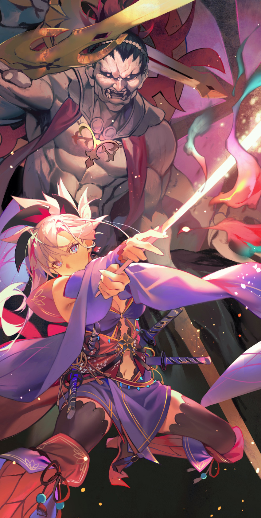 1girl absurdres asymmetrical_hair black_thighhighs blue_eyes breasts cleavage clothing_cutout detached_sleeves earrings fate/grand_order fate_(series) glowing glowing_sword glowing_weapon highres hiro_(hirohiro_gorira) holding holding_sword holding_weapon japanese_clothes jewelry katana kimono leaf maple_leaf miyamoto_musashi_(fate) navel_cutout pink_hair purple_kimono sheath sheathed short_kimono single_sidelock sleeveless sleeveless_kimono swept_bangs sword thighhighs unsheathed weapon wide_ponytail