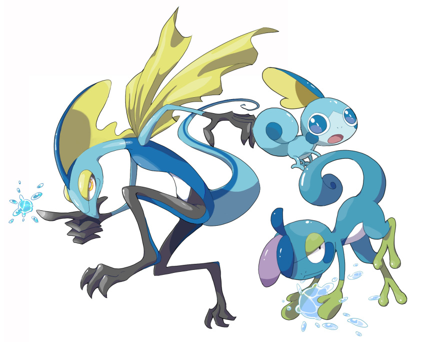 blue_eyes bright_pupils closed_mouth drizzile evolutionary_line full_body highres hydrokinesis index_finger_raised inteleon no_humans nostrils open_mouth pokemon pokemon_(creature) satotsu simple_background sobble water water_drop white_background white_pupils yellow_eyes