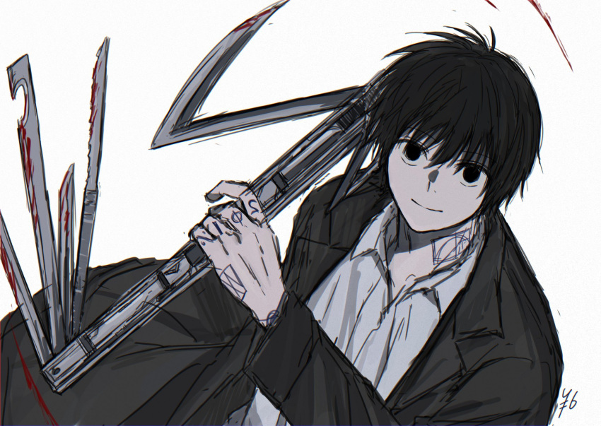 1boy arm_tattoo black_hair black_suit blood blood_on_clothes blood_on_weapon collared_shirt elaborate_weapon finger_tattoo hand_tattoo highres holding holding_sword holding_weapon nagumo_(sakamoto_days) number_tattoo rokuen_skd sakamoto_days shirt suit swiss_army_knife sword tattoo weapon white_shirt