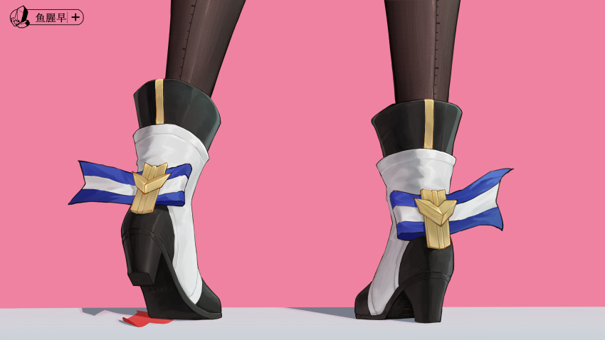 1girl absurdres black_footwear black_pantyhose fishy_shellfish_(user_kpjs2225) high_heels highres honkai:_star_rail honkai_(series) insignia out_of_frame pantyhose pela_(honkai:_star_rail) pink_background shadow solo stiletto_heels tiptoes two-tone_footwear white_footwear