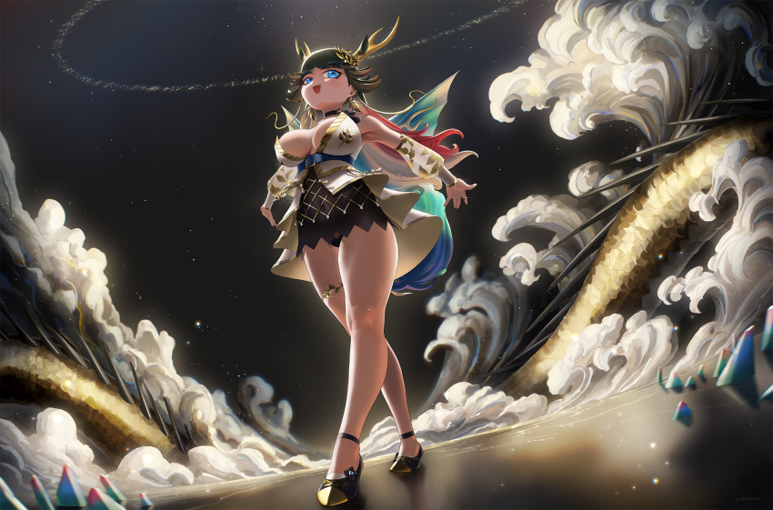 1girl animal_ears anklet beleven black_panties blue_eyes breasts center_opening commission giraffe_ears giraffe_girl giraffe_horns giraffe_tail halo highres horns jewelry kemono_friends kemono_friends_3 kirin_(kemono_friends) large_breasts long_hair multicolored_hair night night_sky panties red_hair sky solo tail thighs underwear white_hair wings