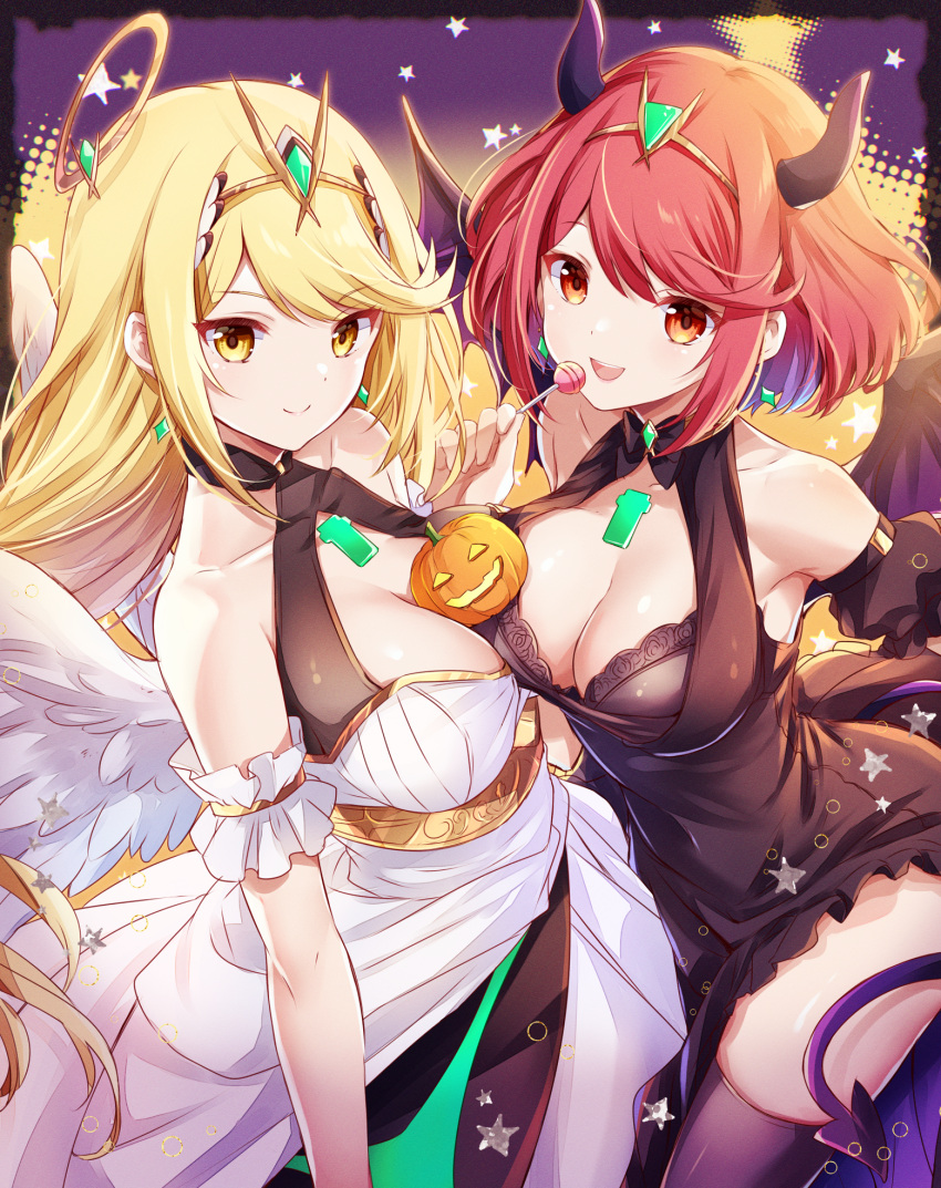 2girls alternate_costume angel angel_wings bare_shoulders black_dress black_horns black_thighhighs blonde_hair breasts chest_jewel cleavage closed_mouth commentary_request core_crystal_(xenoblade) demon_girl demon_horns detached_sleeves dress fake_horns fake_wings halloween halloween_costume halo highres horns jack-o'-lantern large_breasts looking_at_viewer multiple_girls mythra_(xenoblade) open_mouth pumpkin pyra_(xenoblade) red_eyes red_hair short_hair smile swept_bangs thighhighs tiara ui_frara white_dress white_wings wings xenoblade_chronicles_(series) xenoblade_chronicles_2 yellow_eyes