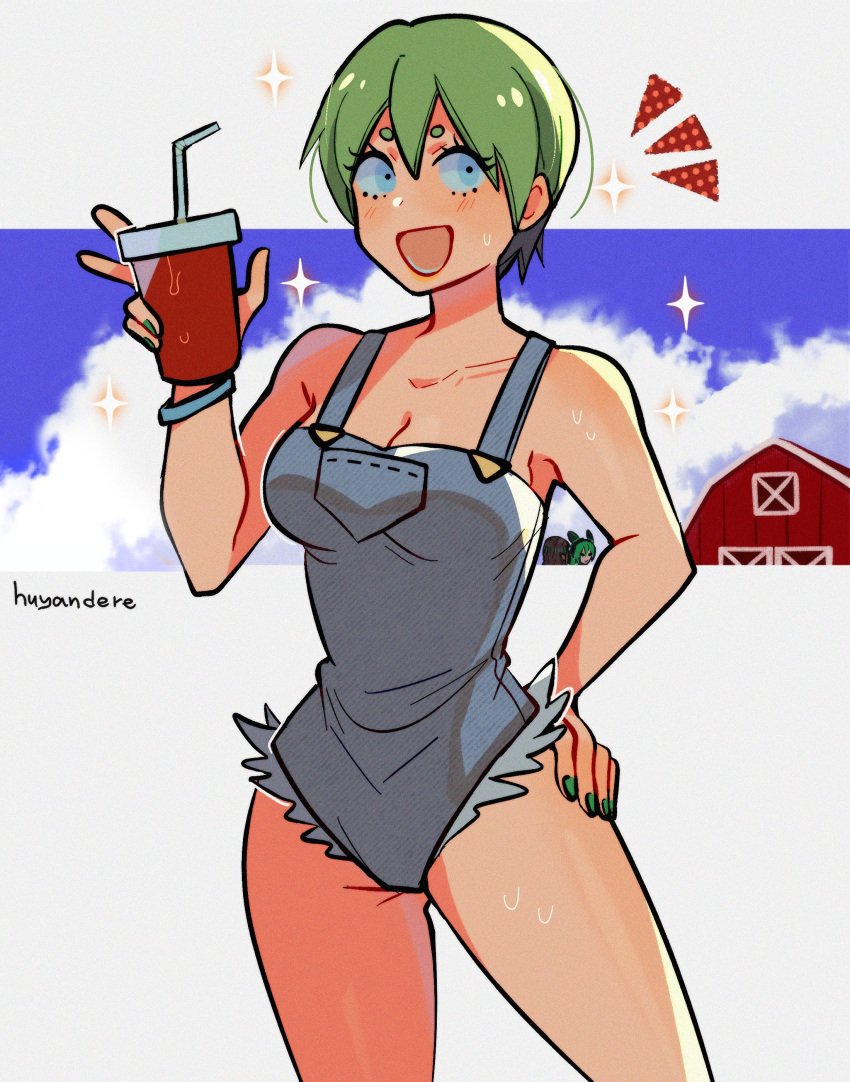 1girl absurdres artist_name ass_visible_through_thighs barn blue_eyes blue_overalls breasts cleavage commentary contrapposto cup disposable_cup drinking_straw english_commentary foo_fighters_(jojo) green_hair green_nails hand_on_own_hip highres huyandere jojo_no_kimyou_na_bouken medium_breasts open_mouth overalls short_eyebrows short_hair signature smile solo sparkling_aura stone_ocean sweat torn_clothes