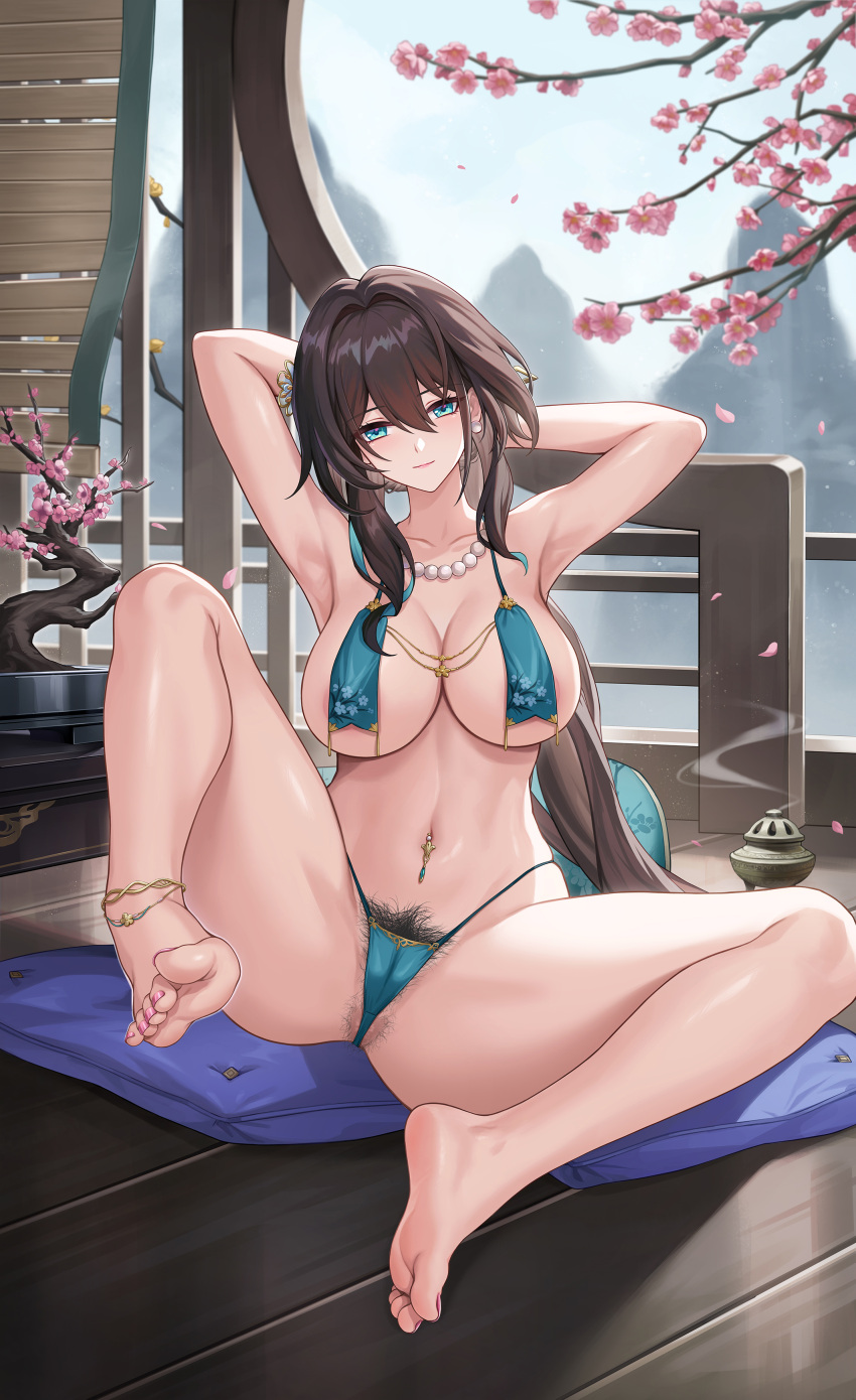 1girl absurdres armpits arms_up barefoot bead_necklace beads black_hair blue_eyes breasts gloves highres honkai:_star_rail honkai_(series) jewelry kacyu large_breasts legs long_hair looking_at_viewer necklace presenting_foot pubic_hair ruan_mei_(honkai:_star_rail) sitting solo thighs