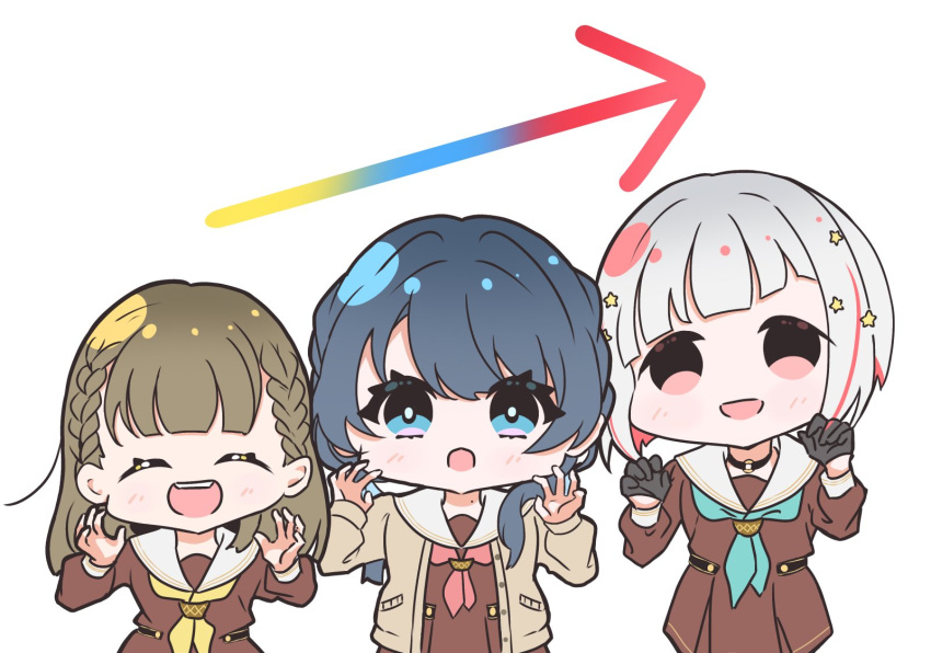 3girls :d :o ^_^ aqua_neckerchief arrow_(symbol) black_choker black_gloves blue_eyes blue_hair blue_ribbon bob_cut braid brown_cardigan brown_dress brown_hair cardigan center-flap_bangs chibi chibi_only choker closed_eyes colored_inner_hair commentary_request dark_blue_hair diagonal_bangs dollchestra dress gloves grey_hair hair_ornament hair_ribbon half_gloves hasu_no_sora_school_uniform highres inverted_bob kachimachi_kosuzu link!_like!_love_live! long_hair long_sleeves looking_at_viewer love_live! low_twintails medium_dress mole mole_on_neck multicolored_hair multiple_girls murano_sayaka neckerchief o-ring o-ring_choker open_cardigan open_clothes open_mouth pink_eyes pleated_dress red_hair red_neckerchief ribbon sailor_collar sailor_dress sakari_(pear_8_ll) school_uniform short_hair side_braids simple_background smile star_(symbol) star_hair_ornament straight_hair streaked_hair swept_bangs twintails virtual_youtuber white_background white_sailor_collar winter_uniform yellow_neckerchief yugiri_tsuzuri