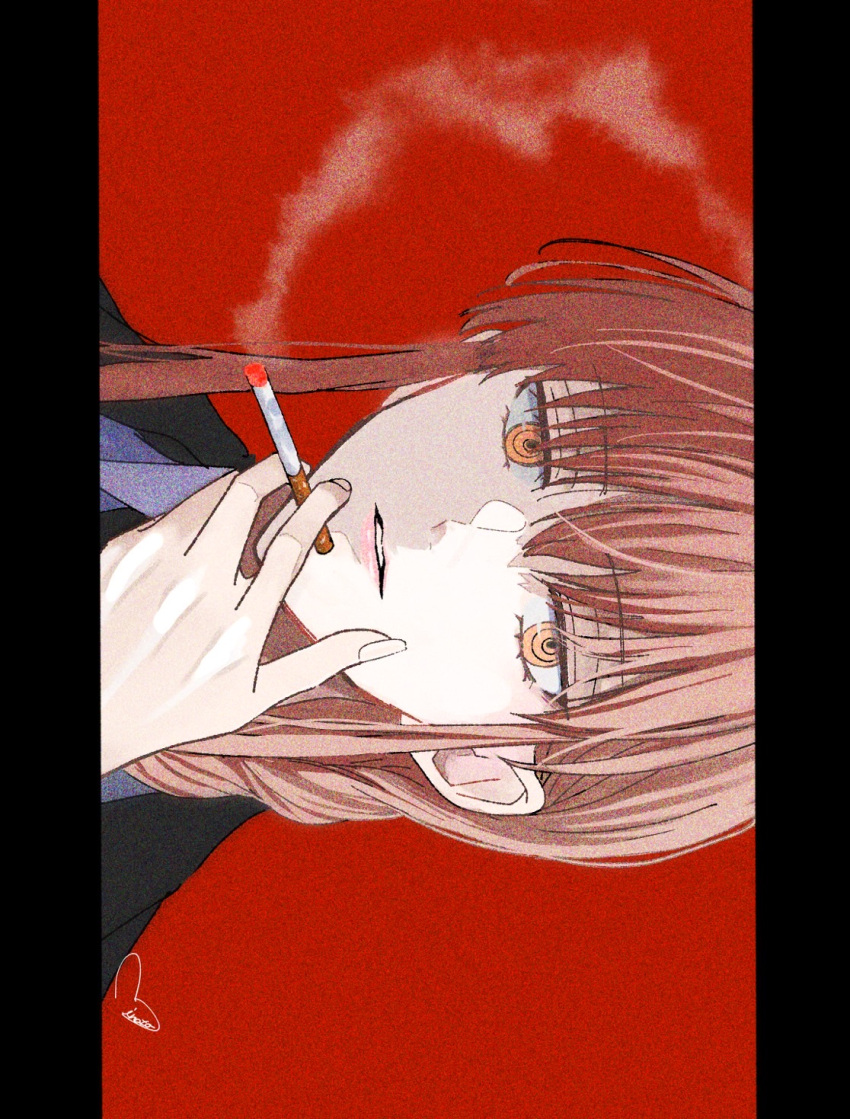 1girl black_jacket braid braided_ponytail chainsaw_man cigarette collared_shirt film_grain highres holding holding_cigarette jacket long_bangs long_hair looking_at_viewer makima_(chainsaw_man) minato pillarboxed portrait red_background red_hair ringed_eyes shirt sideways signature simple_background smoking solo white_shirt yellow_eyes