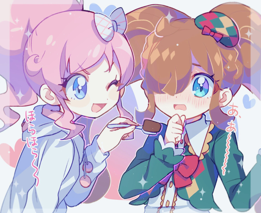 2girls ;d ahoge blue_eyes blue_hoodie blunt_bangs blush bow brown_hair collared_shirt commentary_request feeding green_jacket hair_bow hair_over_one_eye hand_up hat highres holding holding_spoon hood hoodie jacket kiratto_pri_chan long_hair long_sleeves looking_at_another mini_hat momoyama_mirai moshao_(sarada1717) multiple_girls nervous nijinosaki_dia one_eye_closed open_mouth pink_hair pom_pom_(clothes) ponytail pretty_series shirt sidelocks smile spoon translation_request upper_body white_shirt yuri