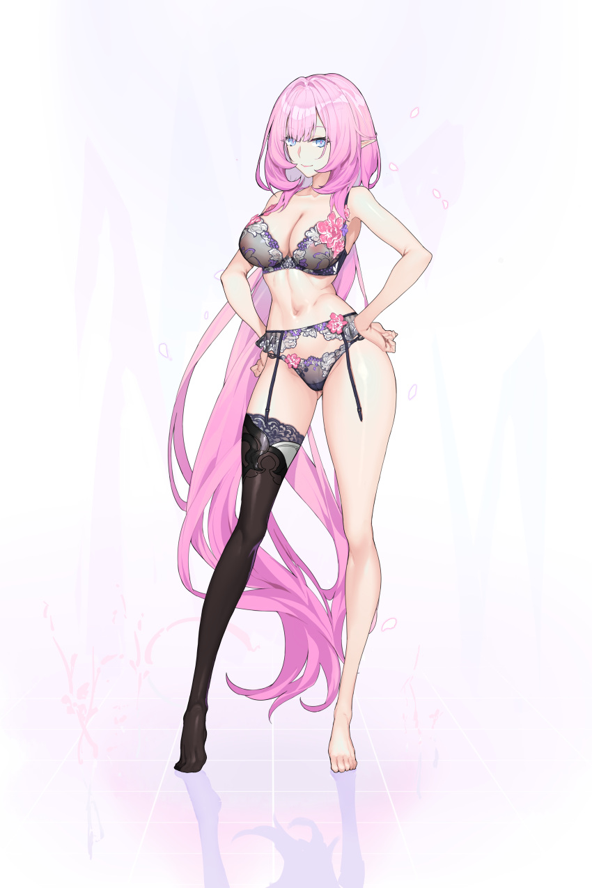 1girl ;) absurdres black_bra black_panties black_thighhighs blue_eyes bra breasts closed_mouth elf elysia_(honkai_impact) guratan hands_on_own_hips heart highres honkai_(series) honkai_impact_3rd large_breasts lingerie long_hair navel one_eye_closed panties pink_hair pointy_ears single_thighhigh smile solo standing stomach thighhighs tiptoes underwear very_long_hair