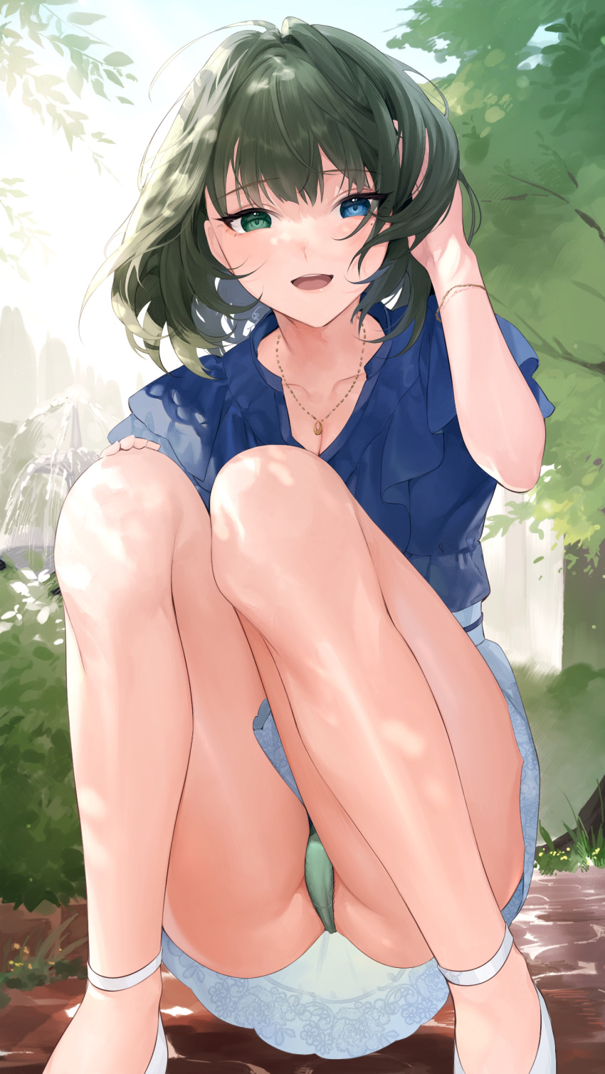 1girl bare_legs blue_shirt blush breasts cleavage collarbone fountain green_hair green_panties hand_in_own_hair heterochromia highres idolmaster idolmaster_cinderella_girls koyo_akio looking_at_viewer mole mole_under_eye outdoors panties pantyshot shirt smile solo squatting takagaki_kaede underwear