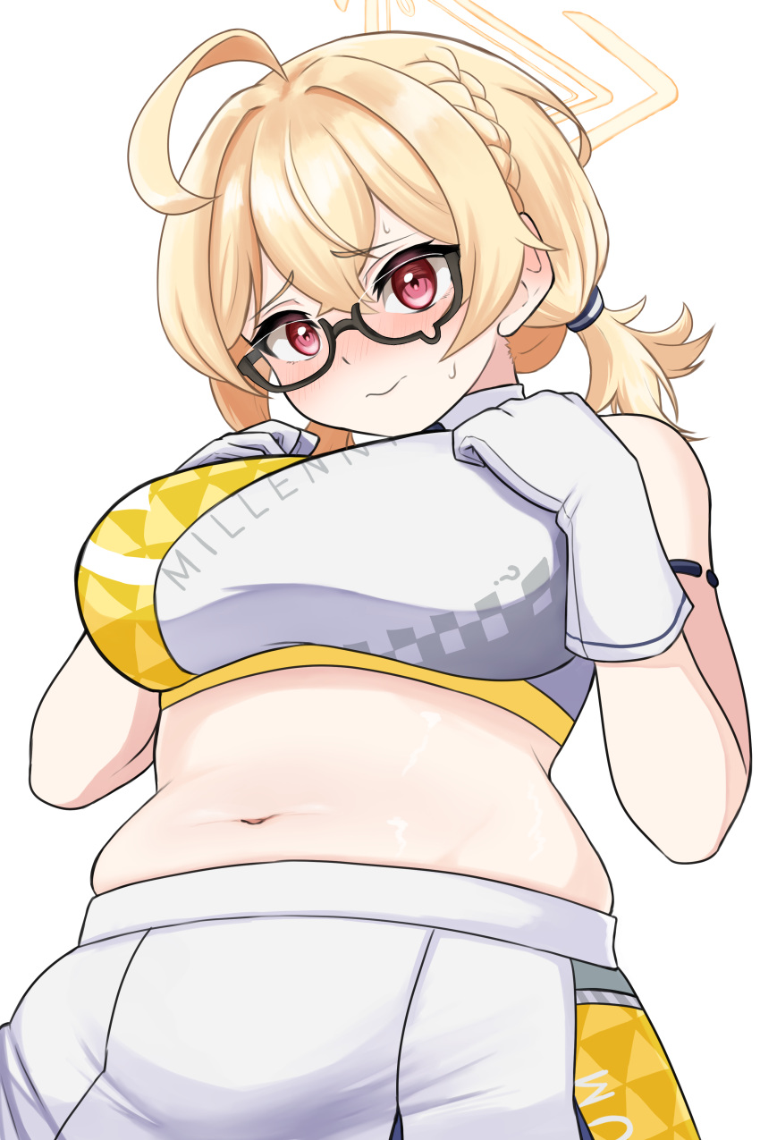 1girl absurdres ahoge black-framed_eyewear blonde_hair blue_archive breasts glasses gloves halo highres kotori_(blue_archive) kotori_(cheer_squad)_(blue_archive) large_breasts looking_at_viewer millennium_cheerleader_outfit_(blue_archive) navel official_alternate_costume plum puroteinaa red_eyes short_twintails skirt smile solo twintails white_gloves white_skirt yellow_halo