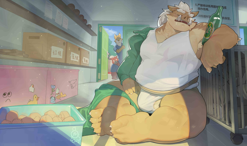 2024 absurd_res anthro asian_clothing bear belly big_belly canid canine clothing detailed_background drunk east_asian_clothing feet fox fundoshi group hi_res inside japanese_clothing kemono male mammal overweight overweight_male piero03432812 shirt sitting substance_intoxication suid suina sus_(pig) topwear underwear white_clothing white_fundoshi white_underwear wild_boar