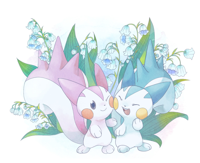 alternate_color blue_flower cheek-to-cheek closed_eyes flower flower_request full_body heads_together no_humans one_eye_closed open_mouth pachirisu pokemon purple_eyes satotsu shiny_pokemon smile standing teeth upper_teeth_only white_background