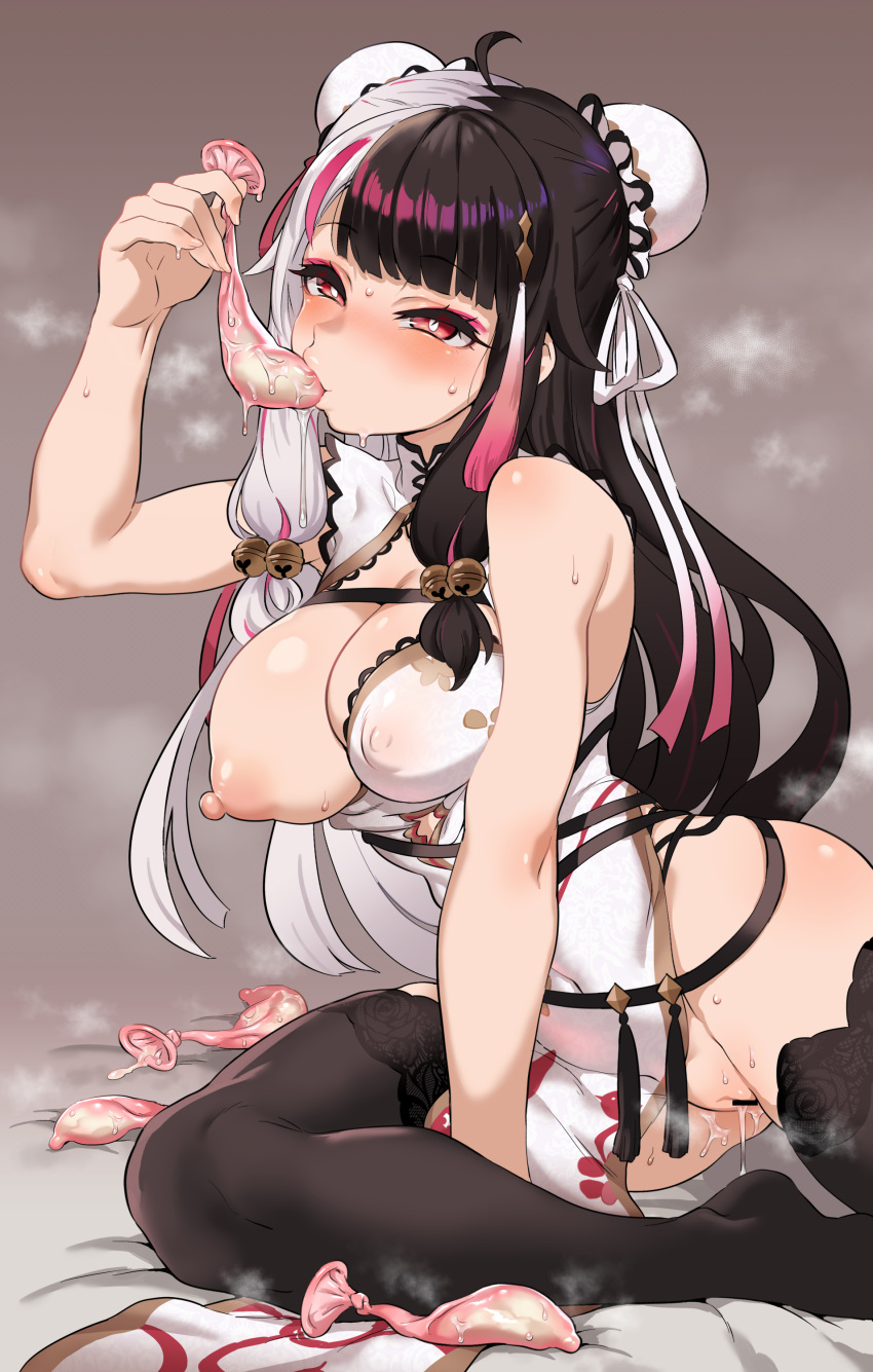 1girl absurdres ahoge animal_print arm_up bar_censor bell between_legs black_hair black_thighhighs blush breasts bun_cover censored chest_strap china_dress chinese_clothes cleavage clothing_cutout condom condom_in_mouth covered_navel covered_nipples cross-laced_slit double_bun dress eyeshadow fingernails floral_print_dress grey_hair hair_bell hair_bun hair_flaps hair_ornament hair_ribbon hand_between_legs highres jingle_bell jun_tsugumi lace-trimmed_thighhighs large_breasts lips long_hair looking_at_viewer makeup mouth_hold multicolored_hair multicolored_ribbon multiple_condoms nijisanji nipples on_bed one_breast_out pelvic_curtain pink_eyeshadow print_dress pussy rabbit_print red_eyes ribbon simple_background skindentation solo split-color_hair streaked_hair sweat tassel tassel_hair_ornament thick_thighs thighhighs thighs two-tone_hair used_condom virtual_youtuber white_dress yorumi_rena yorumi_rena_(10th_costume)