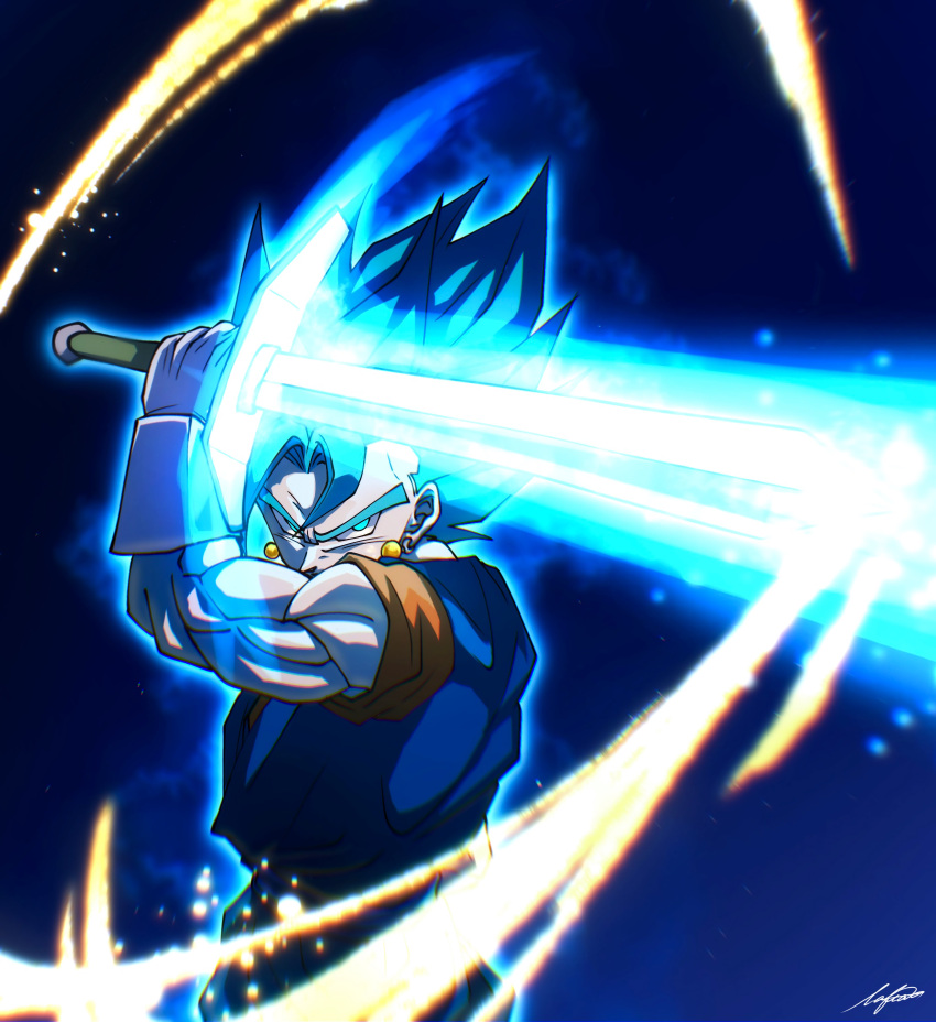 1boy absurdres aura blue_background blue_eyes blue_hair blue_pants blue_sash blue_shirt cowboy_shot dougi dragon_ball dragon_ball_super earrings energy energy_sword gloves gradient_background highres holding holding_sword holding_weapon jewelry lafia_db looking_at_viewer male_focus medium_hair muscular muscular_male pants potara_earrings sash shirt signature solo spiked_hair super_saiyan super_saiyan_blue sword vegetto weapon white_gloves