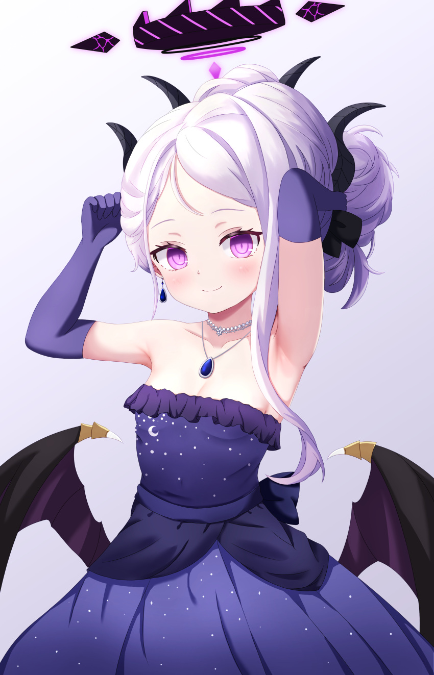 1girl absurdres armpits arms_up blue_archive breasts cleavage demon_girl demon_horns demon_wings dress earrings elbow_gloves gloves grey_hair highres hina_(blue_archive) hina_(dress)_(blue_archive) horns jewelry long_hair looking_at_viewer low_wings necklace official_alternate_costume purple_dress purple_gloves single_earring small_breasts smile solo uro30 wings