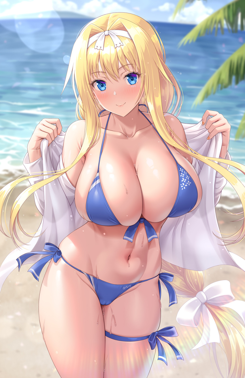 1girl alice_zuberg bare_shoulders beach bikini blonde_hair blue_bikini blue_eyes blush breasts cleavage closed_mouth collarbone cowboy_shot hair_ornament hands_up highres kawase_seiki large_breasts long_hair long_sleeves looking_at_viewer ocean off_shoulder open_clothes open_shirt outdoors shirt side-tie_bikini_bottom sideboob smile solo swimsuit sword_art_online thigh_strap thighs water white_shirt