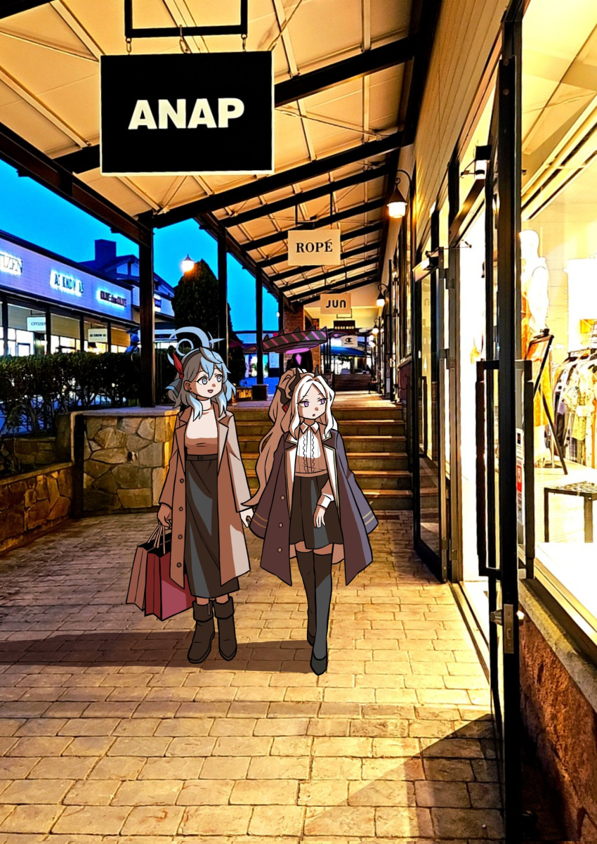 2girls :d ako_(blue_archive) bag black_footwear black_skirt black_thighhighs blue_archive blue_eyes blue_hair boots brown_coat casual coat commentary_request demon_girl demon_horns forehead full_body hair_between_eyes hairband halo high-waist_skirt highres hina_(blue_archive) holding horns jacket jacket_on_shoulders knee_boots long_hair long_sleeves looking_afar multiple_girls night night_sky official_alternate_costume official_alternate_hairstyle open_clothes open_coat outdoors parted_bangs parted_lips photo_background ponytail purple_eyes purple_jacket shopping_bag shopping_district sidelocks skirt sky smile sweater thighhighs turtleneck turtleneck_sweater walking washin wavy_hair white_hair window window_shopping zettai_ryouiki