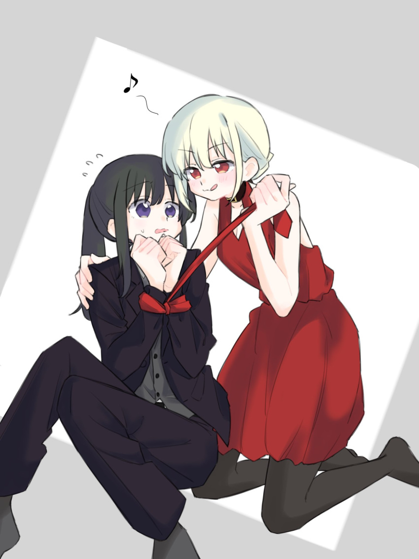 2girls bare_arms black_hair black_pants black_pantyhose black_suit blonde_hair blush bound bound_wrists closed_mouth collar commentary_request dress eighth_note flying_sweatdrops grey_background grey_vest hair_up hand_on_another's_shoulder highres inoue_takina kneeling licking_lips long_hair long_sleeves lycoris_recoil multiple_girls musical_note nishikigi_chisato pants pantyhose parted_lips ponytail purple_eyes red_dress red_eyes sitting sleeveless sleeveless_dress suit sweatdrop syonosuke9573 tongue tongue_out two-tone_background vest white_background yuri