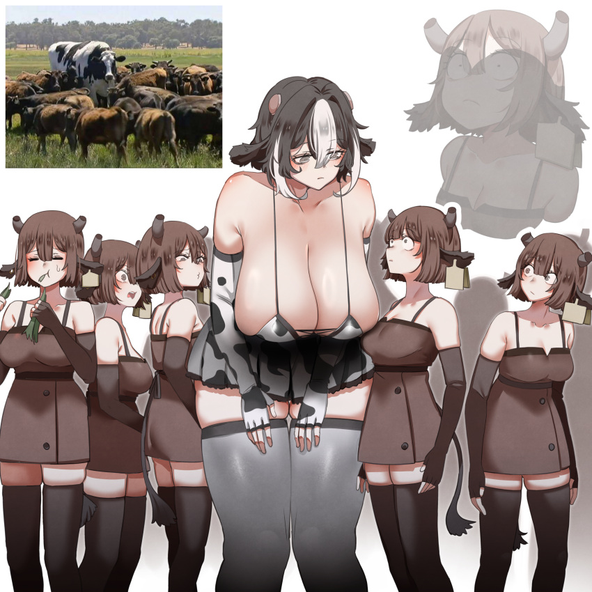 6+girls absurdres animal_ears animal_print at2. black_hair breasts brown_dress brown_hair brown_thighhighs commentary cow cow_ears cow_girl cow_horns cow_print cow_tail cowboy_shot dress ear_tag eating elbow_gloves english_commentary expressionless fingerless_gloves frown gloves grass grey_hair hands_up highres horns huge_breasts leaning_forward multicolored_hair multiple_girls original pleated_skirt reference_inset sanpaku second-party_source short_hair sidelocks simple_background skindentation skirt streaked_hair tail thighhighs thighs white_background white_hair white_skirt