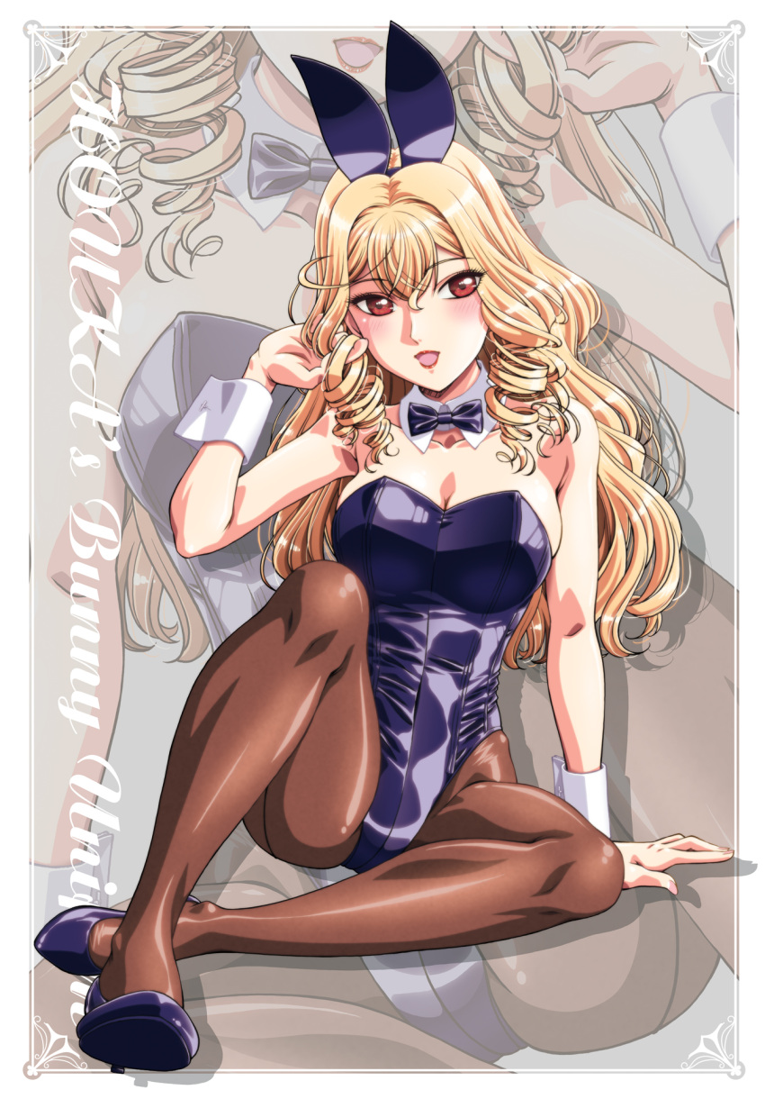 1girl animal_ears black_bow black_bowtie black_footwear black_leotard blonde_hair boo_(takagi) bow bowtie breasts brown_eyes brown_pantyhose cleavage detached_collar high_heels highres leotard long_hair medium_breasts original pantyhose playboy_bunny rabbit_ears sitting solo strapless strapless_leotard wrist_cuffs zoom_layer