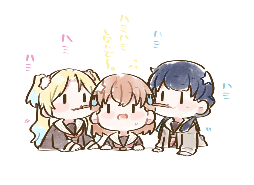 3girls :3 blonde_hair blue_hair blue_ribbon blush brown_cardigan cardigan chibi chibi_only closed_mouth colored_tips crossed_bangs dark_blue_hair flower flying_sweatdrops g_teall hair_flower hair_in_another's_mouth hair_ornament hair_ribbon hands_on_table hasu_no_sora_school_uniform highres hinoshita_kaho light_blue_hair link!_like!_love_live! long_hair looking_at_another love_live! low_twintails medium_hair mole mole_on_neck motion_lines multicolored_hair multiple_girls murano_sayaka open_cardigan open_clothes open_mouth orange_hair osawa_rurino parted_bangs rabbit_hair_ornament ribbon school_uniform simple_background twintails two_side_up virtual_youtuber white_background white_flower winter_uniform |_|