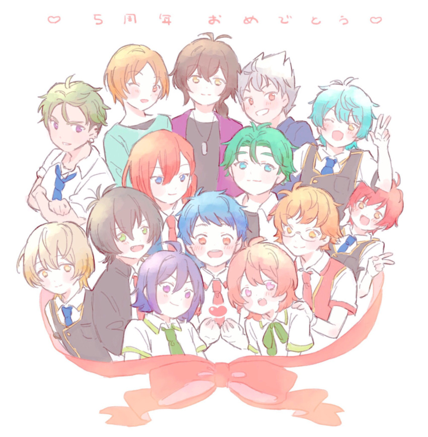 6+boys :d anniversary black_hair black_jacket blonde_hair blue_eyes blue_hair blue_necktie brown_eyes brown_hair collared_shirt commentary_request everyone glasses green_eyes green_hair green_necktie hayami_hiro highres ichijou_shin ikebukuro_ace jacket jewelry juuouin_kakeru king_of_prism kisaragi_louis kougami_taiga looking_at_viewer male_focus mihama_kouji multiple_boys necklace necktie nishina_kazuki one_eye_closed open_mouth orange_hair pink_hair poro_(pweedro) pretty_rhythm pretty_series purple_eyes purple_hair red_hair red_necktie ribbon saionji_leo school_uniform shirt short_hair smile suzuno_yuu tachibana_yukinojou takadanobaba_jouji takahashi_minato translation_request upper_body white_background white_shirt yamato_alexander yellow_eyes