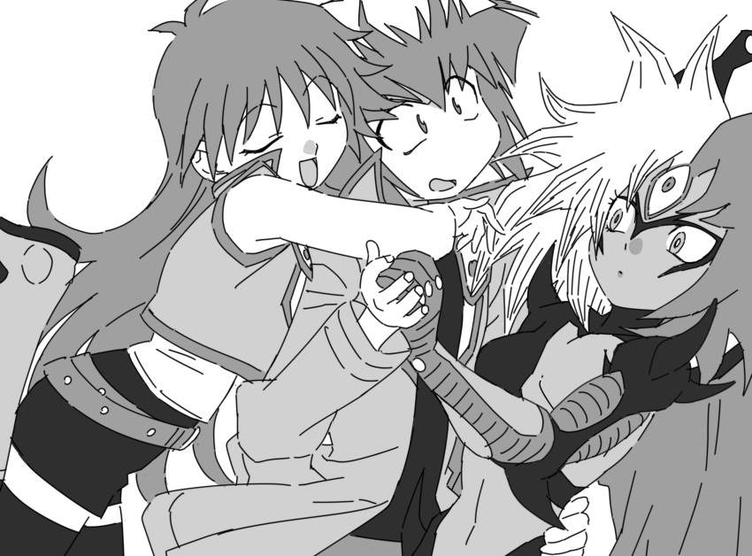 1boy 1girl 1other buib_(mekako_chan) closed_eyes commentary cropped_vest dancing duel_academy_uniform_(yu-gi-oh!_gx) greyscale highres hug hug_from_behind jacket long_hair mamotte_shugogetten! medium_hair monochrome monster_girl multicolored_hair no_nose open_clothes open_jacket parody saotome_rei simple_background spiked_hair surprised two-tone_hair vest yu-gi-oh! yu-gi-oh!_gx yubel yuki_judai