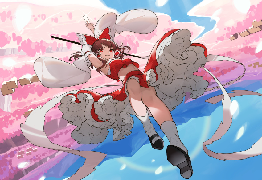 1girl absurdres arms_up black_footwear breasts brown_hair cherry_blossoms chest_sarashi closed_mouth commentary_request detached_sleeves devilkillerx flying frilled_hair_tubes frilled_skirt frills full_body gohei hair_tubes hakurei_reimu happy highres holding holding_gohei holding_ofuda legs long_sleeves mary_janes medium_hair midriff outdoors red_eyes red_shirt red_skirt sarashi shirt shoe_soles shoes skirt sleeveless sleeveless_shirt small_breasts smile socks solo touhou white_sleeves white_socks wide_sleeves