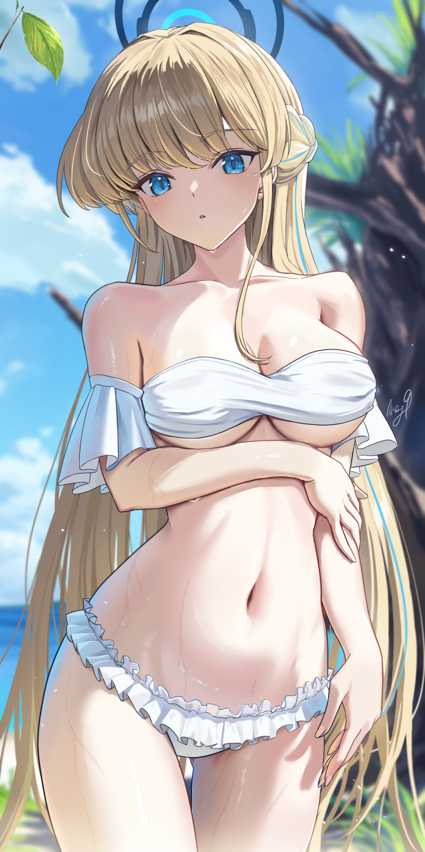 1girl absurdres beach bikini blonde_hair blue_archive blue_eyes blue_halo blue_sky blurry blurry_background braid breasts cloud cowboy_shot day french_braid halo highres large_breasts long_hair may9 navel outdoors sky solo standing strapless strapless_bikini swimsuit toki_(blue_archive) very_long_hair wet white_bikini